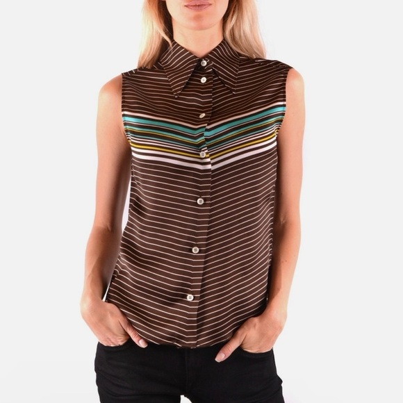 Miu Miu Sleeveless Brown Striped Top SZ Medium Pointed Collar Designer EUC READ - Picture 5 of 5